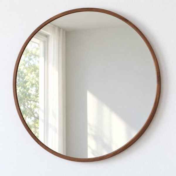 Round Safa wall mirror with a slim warm walnut-brown wood frame on a plain white wall.
