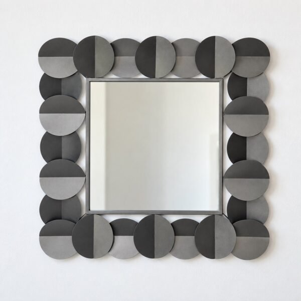 Noura Facet Frame square wall mirror with charcoal and graphite layered metal discs on a white wall