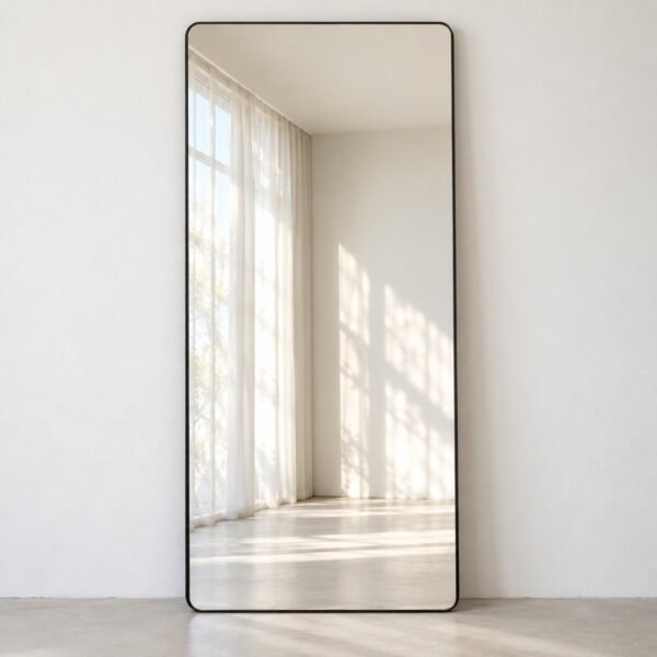 Full-length rectangular charcoal leaner mirror standing against a plain white wall