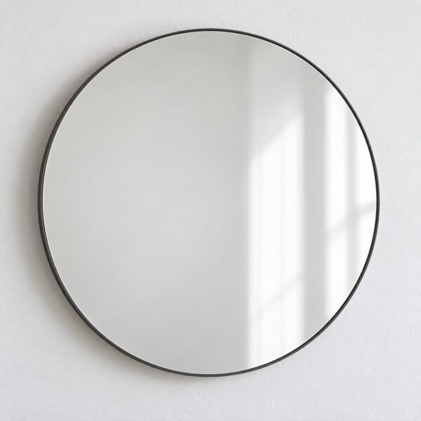Sora Halo round mirror with a slim dark charcoal metal frame on a plain white wall