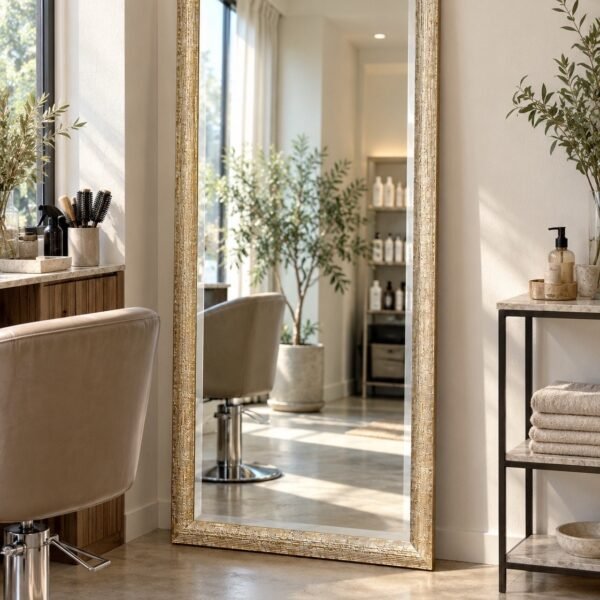 Ayla rectangular champagne-gold framed leaner mirror standing against a plain white wall