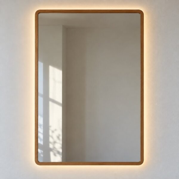 Front view of a warm medium-brown wood-framed rectangular LED wall mirror on a plain white wall.