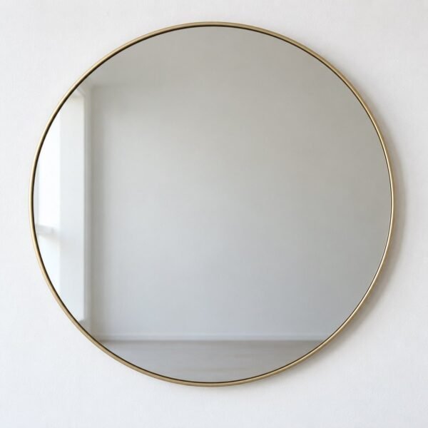Round Luma Halo wall mirror with a slim warm champagne-gold metal frame on a white wall.
