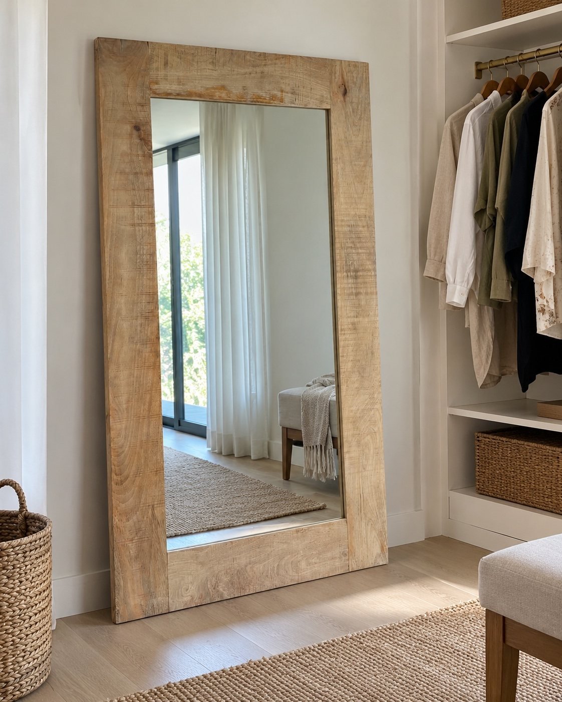 Haya full-length rectangular wood-frame mirror standing in a lived-in walk-in dressing room.