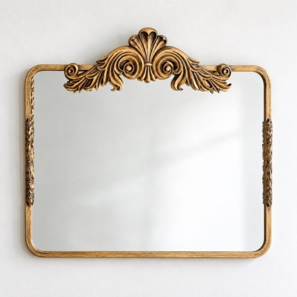 Noorcrest rectangular antique-gold carved frame mirror on a plain white wall