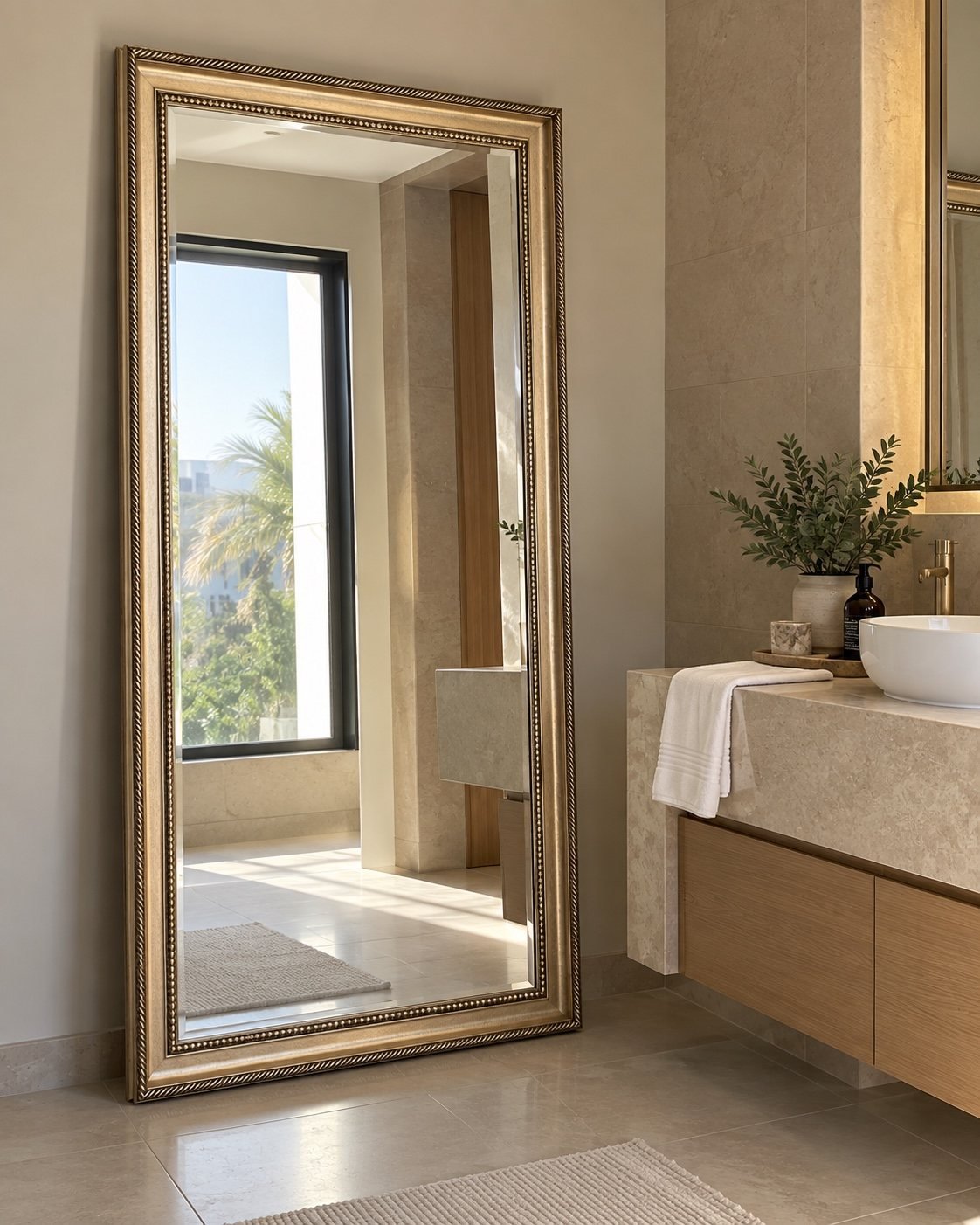 Lumea full-length gold framed leaner mirror beside a neutral bathroom vanity in natural daylight