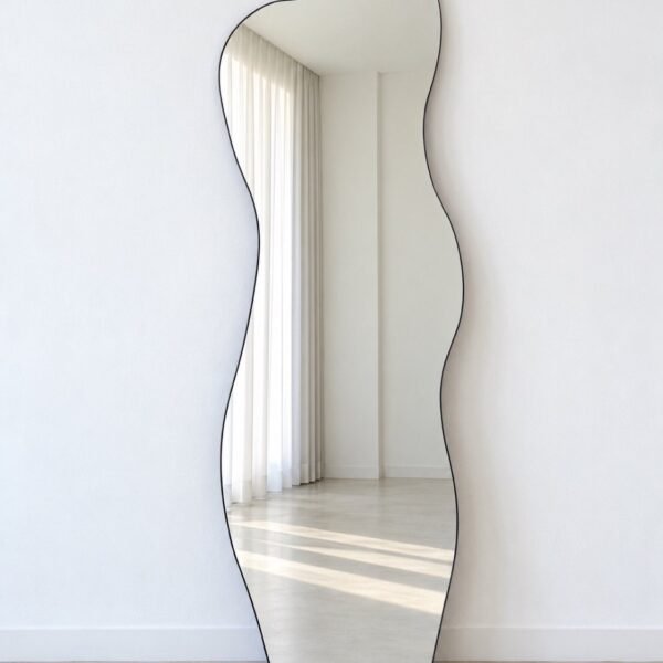 Nayla organic full-length leaner mirror with a slim charcoal-black metal frame against a plain white wall.