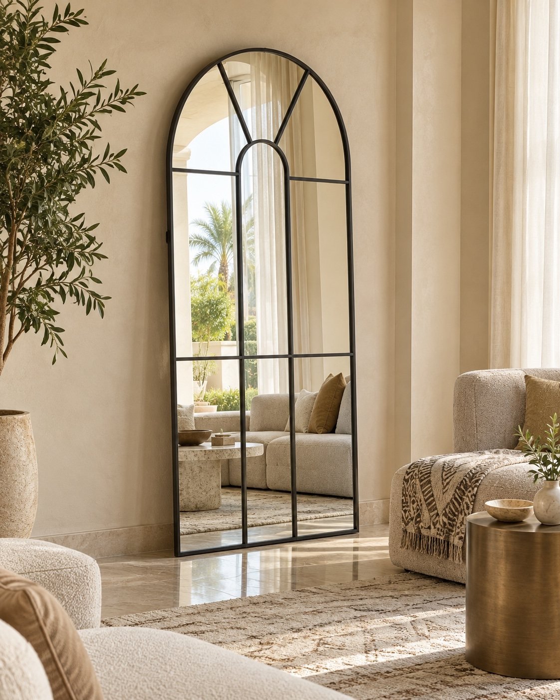 Arched charcoal grid mirror standing beside low seating in an Abu Dhabi villa majlis
