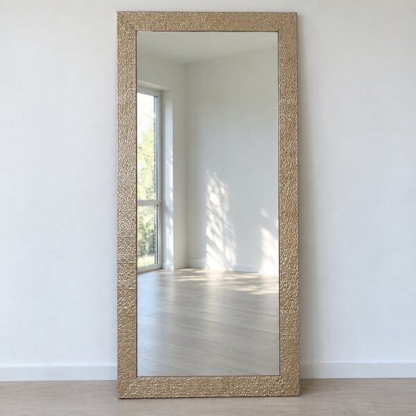 Sahara Mosaic Floor Mirror with a champagne gold/beige textured frame against a plain white wall