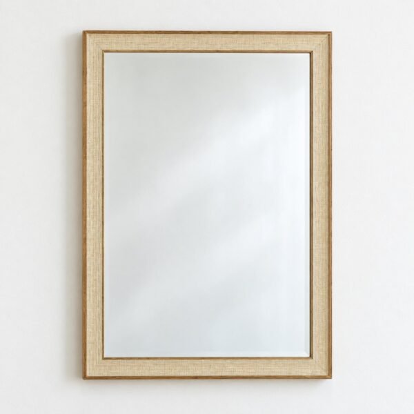 Raya rectangular woven timber frame mirror on a plain white wall