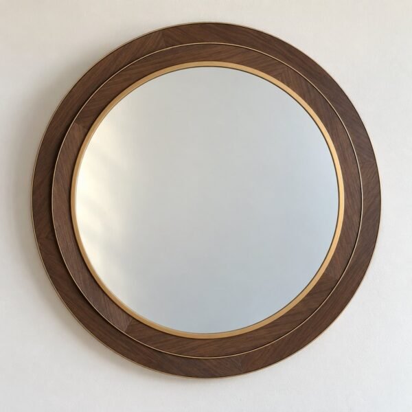 Round dark walnut-brown and brushed-gold wall mirror on a plain white wall