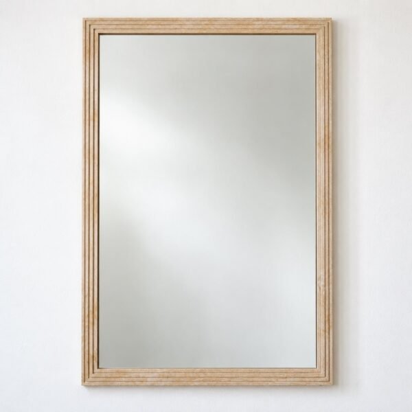 Noura Layered Timber rectangular wood mirror mounted on a plain white wall