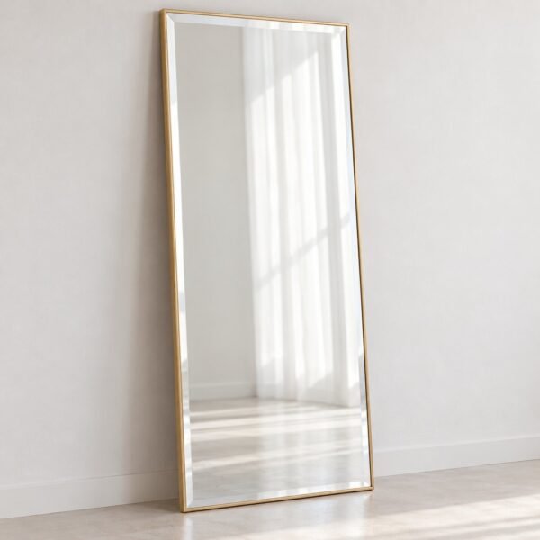 Sereen rectangular champagne-gold leaner mirror standing against a plain white wall