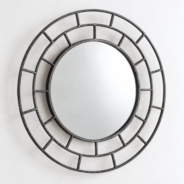 Razan Orbit Frame round metal wall mirror on a plain white wall