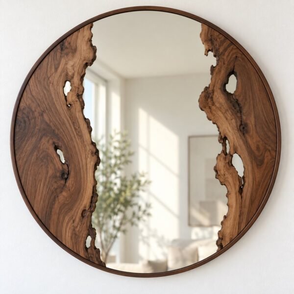 Tidewood Circle round walnut wood wall mirror on a plain white wall