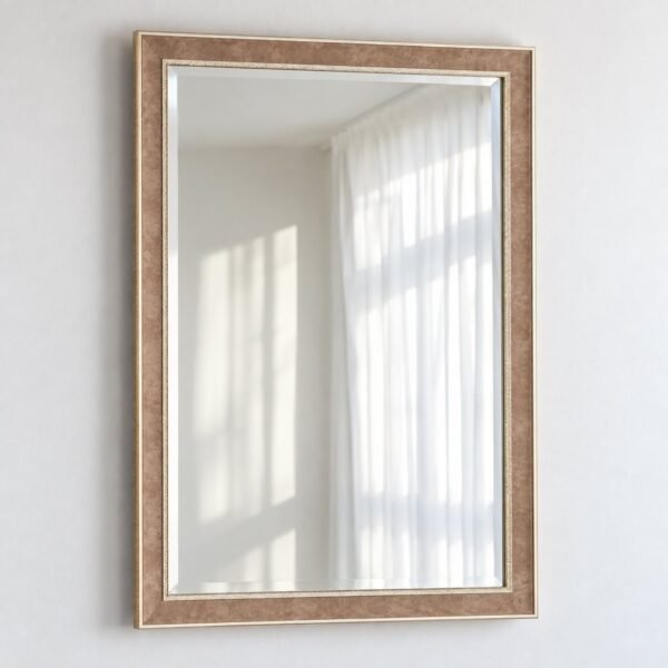 Sorelle Taupe Frame rectangular wall mirror on a plain white wall