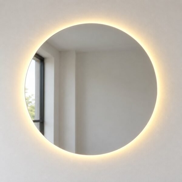 Noor Halo frameless round LED mirror on a plain white wall
