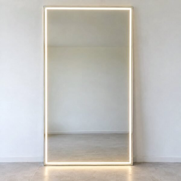 Full-length clear glass rectangular LED leaner mirror standing against a white wall