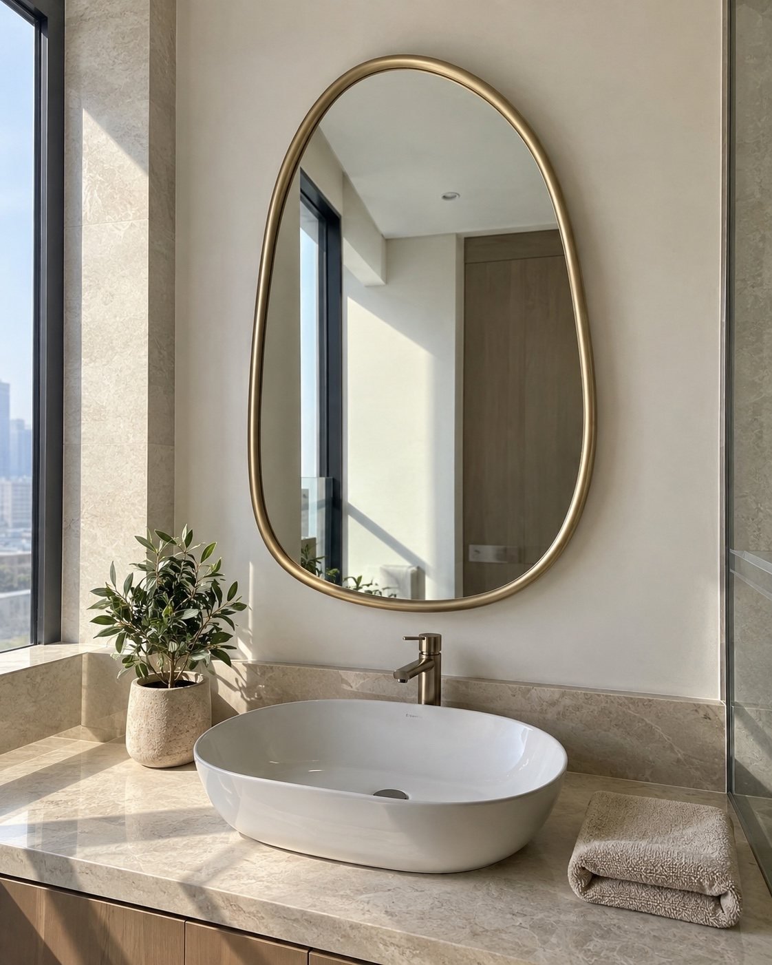 Sahra organic wall mirror above a light bathroom vanity in a naturally lit UAE-style home interior.