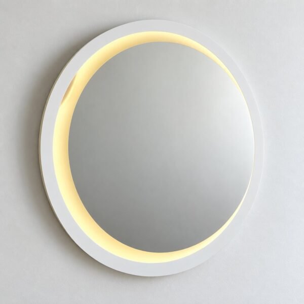 Round white-framed halo LED wall mirror on a plain white wall