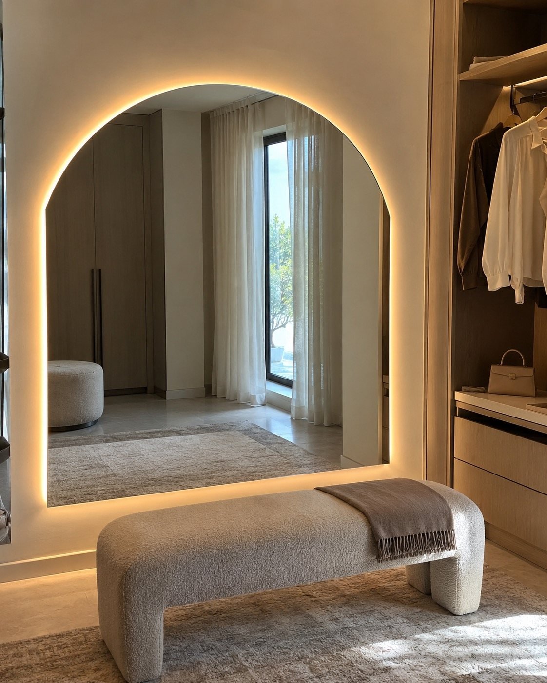 Nour Arc frameless arch LED mirror in a walk-in dressing room