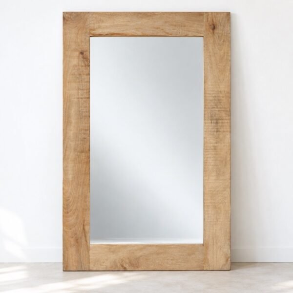 Warm pale honey natural wood rectangular leaner mirror against a plain white wall.
