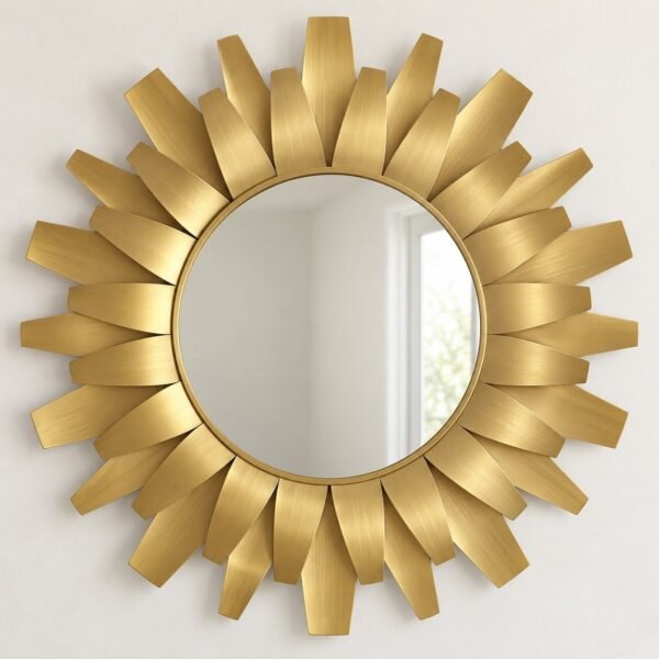 Round 80 cm Layered Sun Gold Mirror with two overlapping layers of brushed gold tapered metal rays on a white wall.
