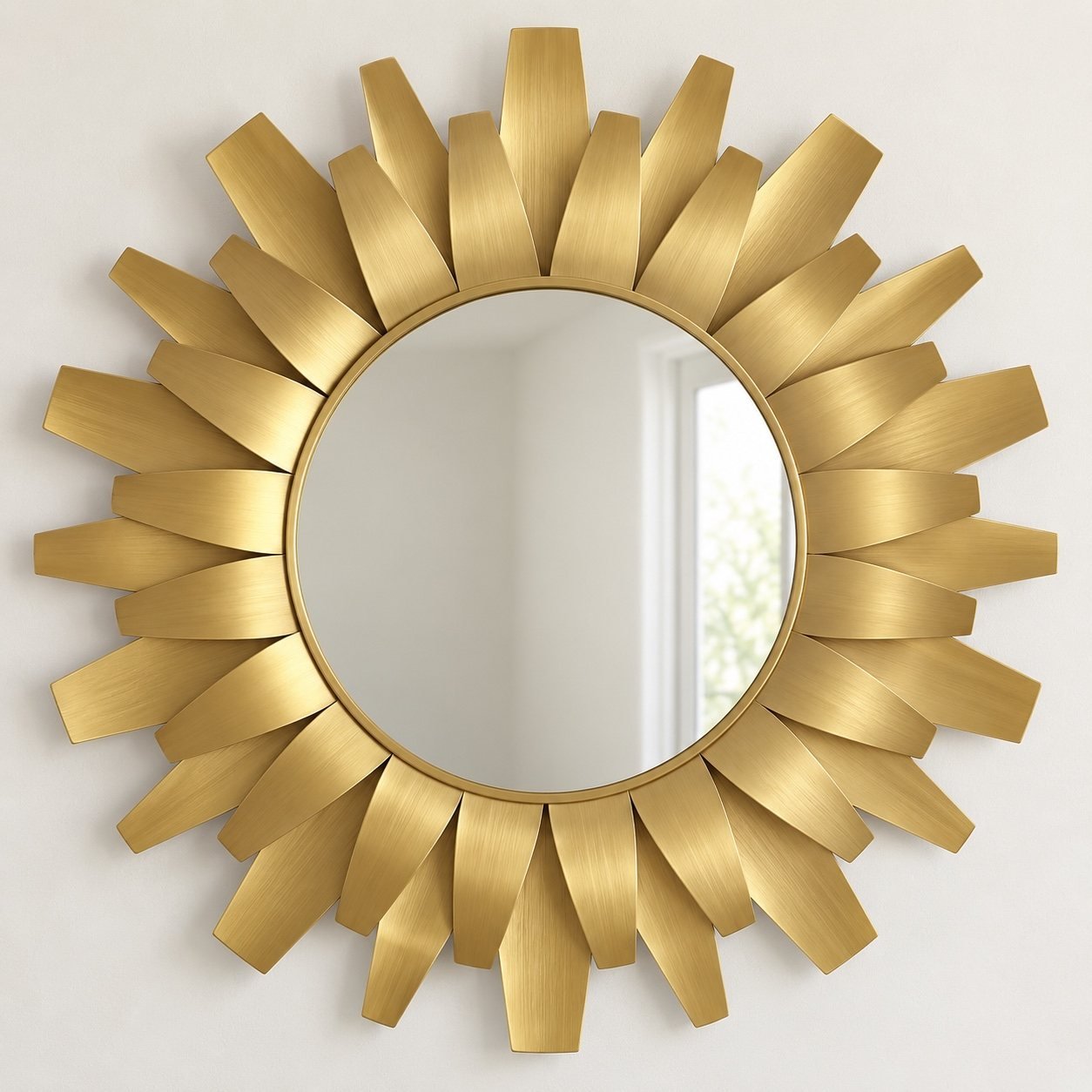 Round 80 cm Layered Sun Gold Mirror with two overlapping layers of brushed gold tapered metal rays on a white wall.