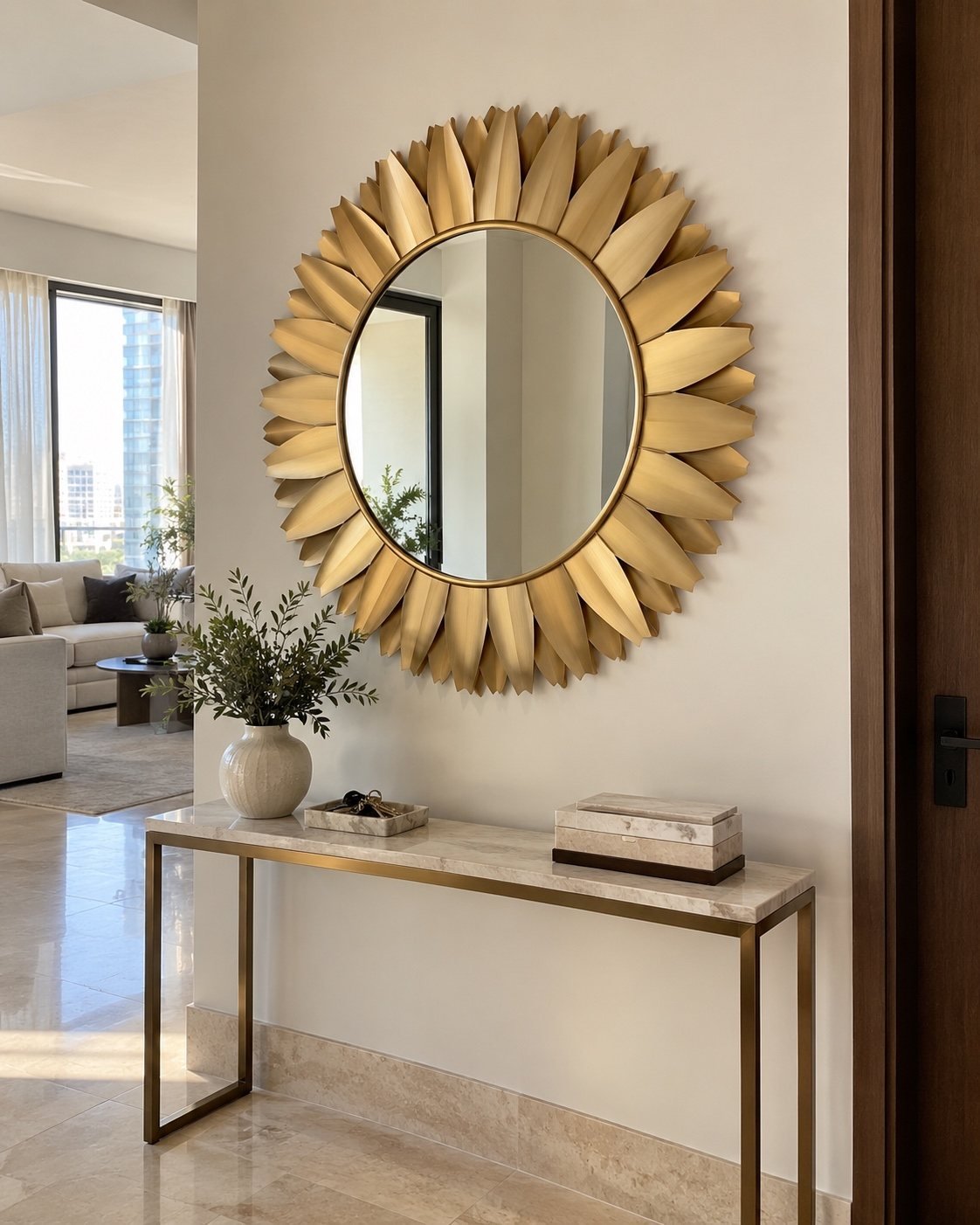 Layered Sun Gold Mirror mounted above a console in a bright UAE-style entrance hall, shown at realistic 80 cm scale.