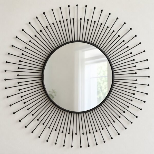 Noir Sunburst Mirror, a round mirror with thin matte black steel rays on a plain white wall