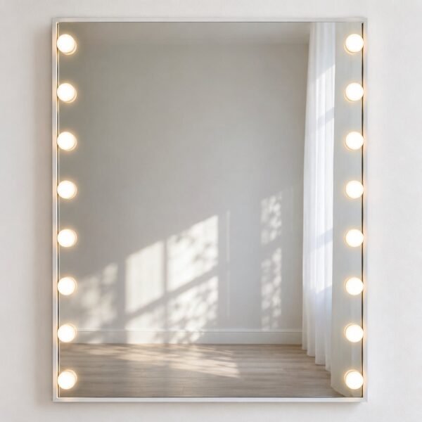 T12 rectangular Hollywood vanity mirror with slim white frame and 14 warm-white bulbs on a plain white wall