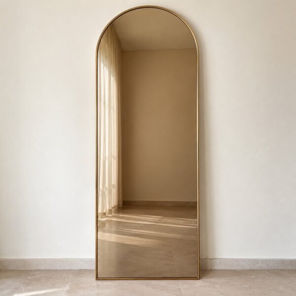 T14 Bronze Tint Arch Mirror with bronze-tinted glass and slim brushed-gold PVD frame on a plain white wall.