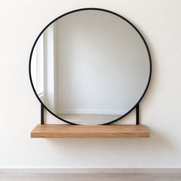 Round 60 cm mirror with thin black metal frame and oak shelf on a plain white wall