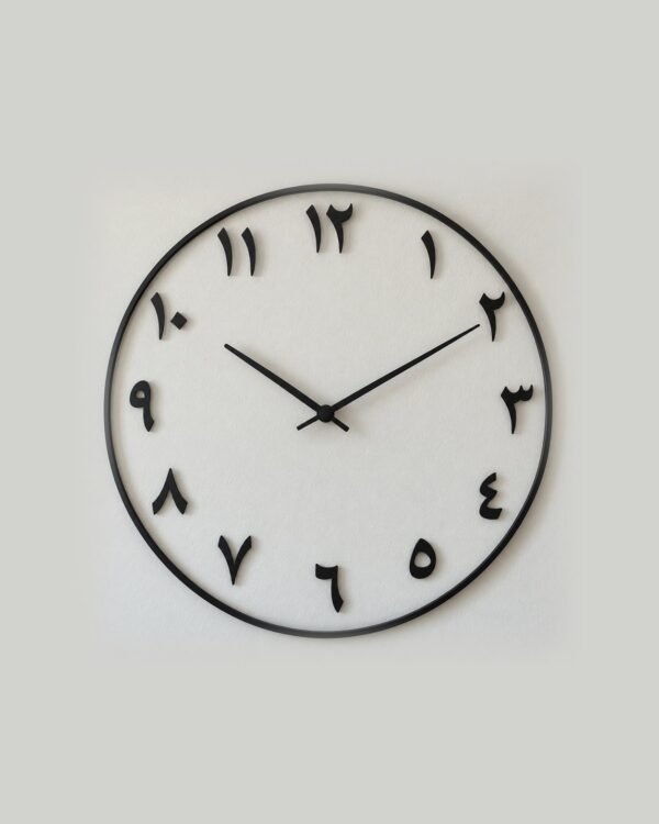 Front view of a matte black open-frame Arabic numerals wall clock on a white wall.
