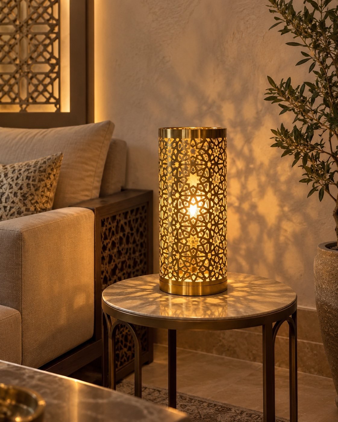 Gold PVD Islamic pattern table lantern glowing on a majlis side table in an evening room.