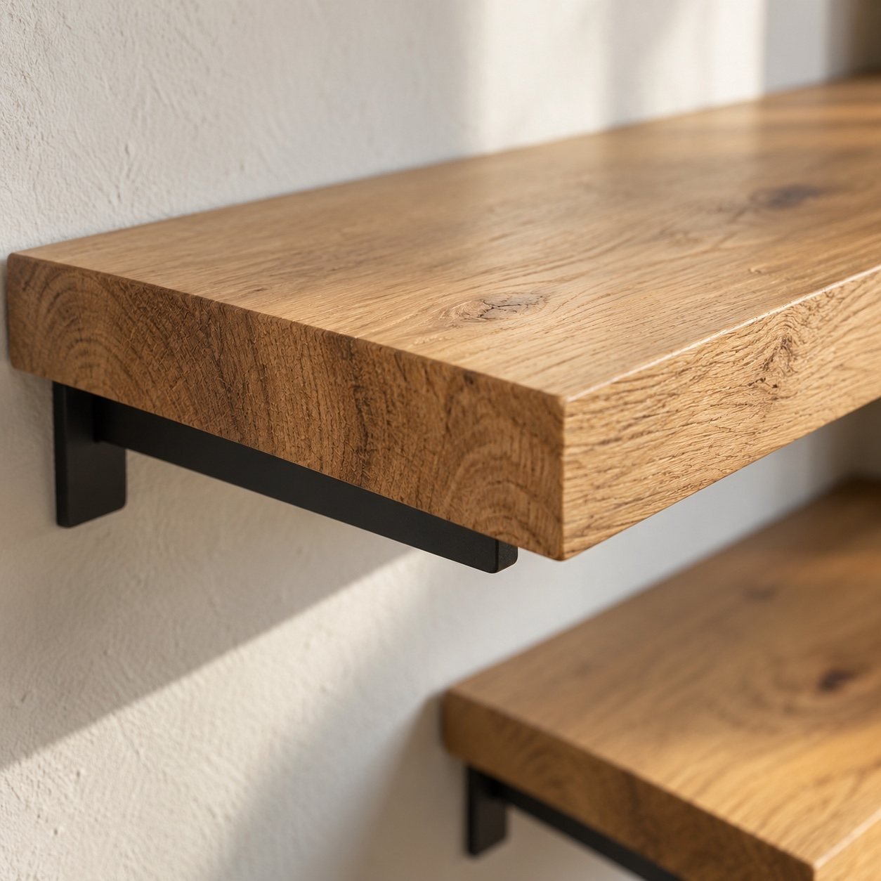 Close-up of the solid oak shelf edge, natural wood grain and matte black steel floating bracket.