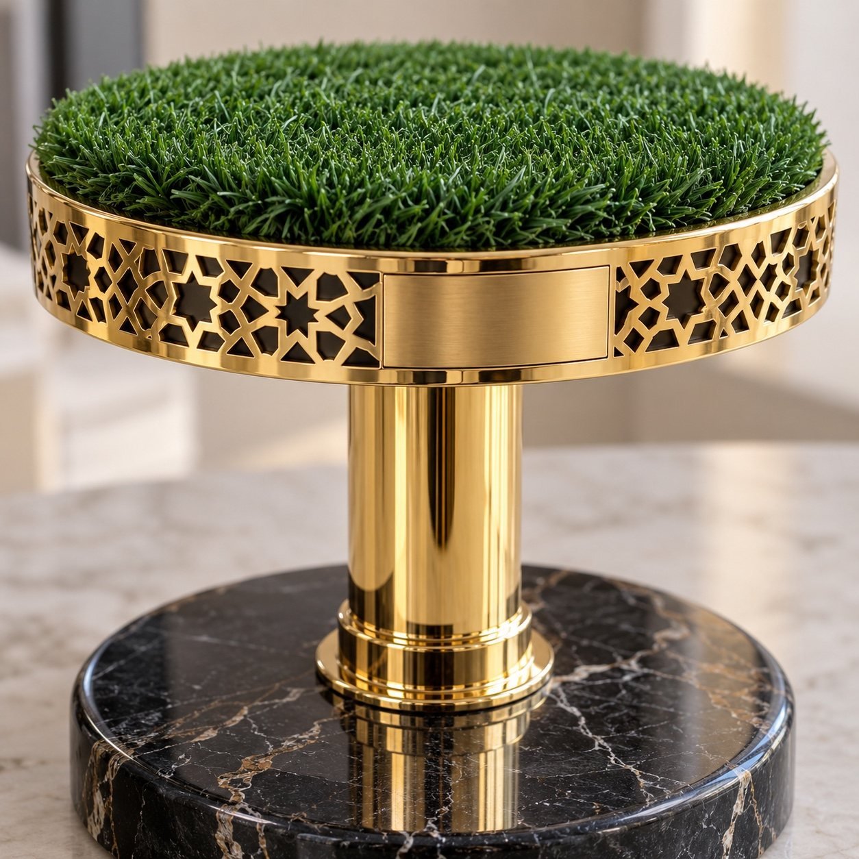 Close-up of green turf, mirror-gold PVD column, laser-cut geometric band, blank plate and black marble edge