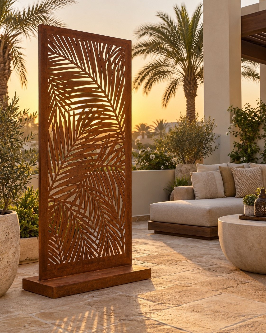 Corten steel palm frond garden screen beside an outdoor majlis in a UAE villa terrace