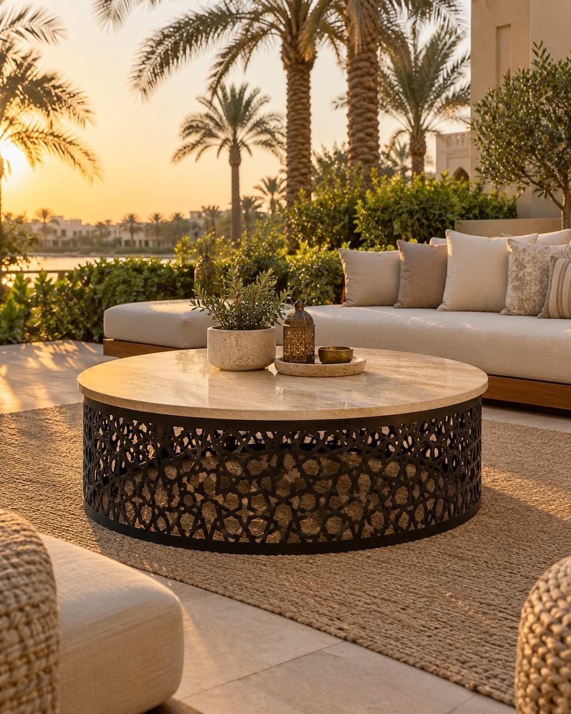 travertine outdoor majlis table in a UAE villa garden terrace with low cushions and palm trees