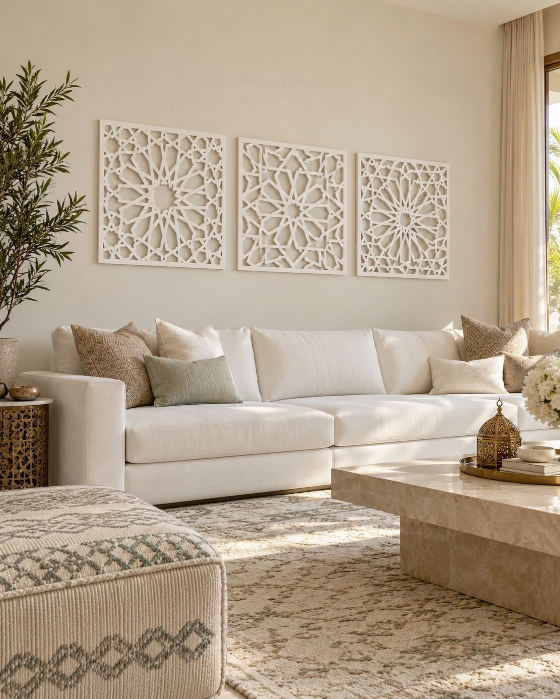 Three white Mashrabiya aluminium wall panels arranged above a white sofa in a bright modern majlis.