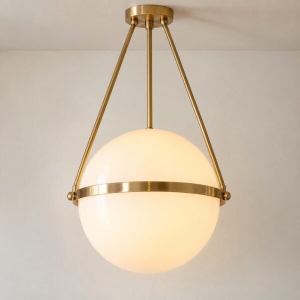 Brass globe pendant lamp with opal glass and polished brass on a white wall