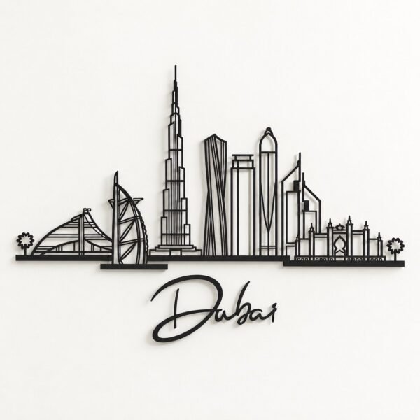 Black metal Dubai skyline wall art with a separate Dubai script on a warm-white wall.