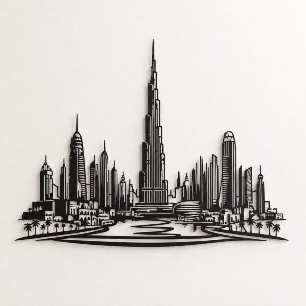 Black metal Dubai skyline wall art displayed straight on against a plain warm-white wall.