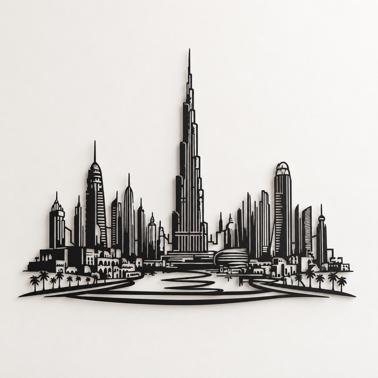 Black metal Dubai skyline wall art displayed straight on against a plain warm-white wall.