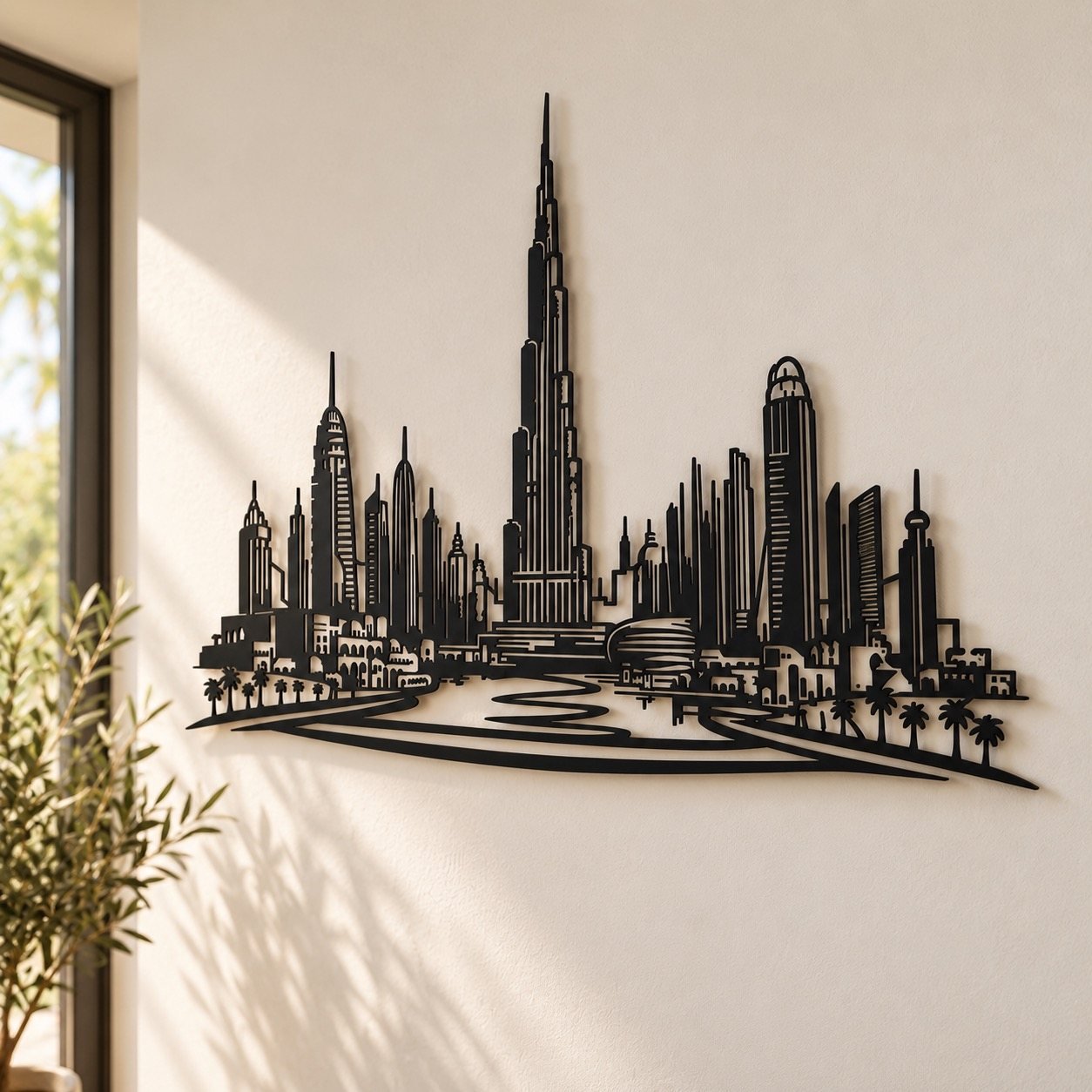 Slightly angled view of black metal Dubai skyline wall art showing its thin edge, depth and soft wall shadow.