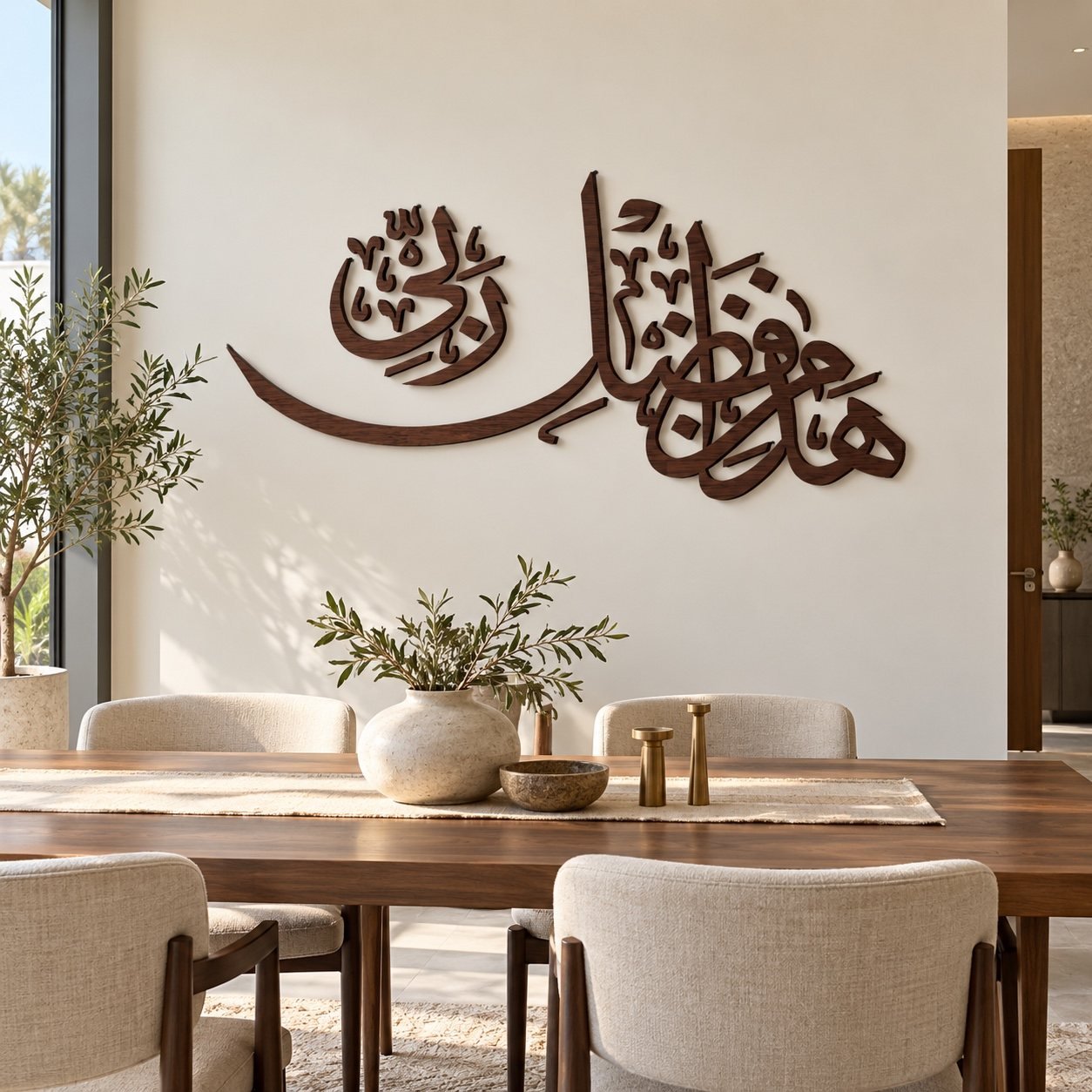 Hadha min Fadli Rabbi dark wood and aluminum Arabic calligraphy wall art in a modern UAE dining room.