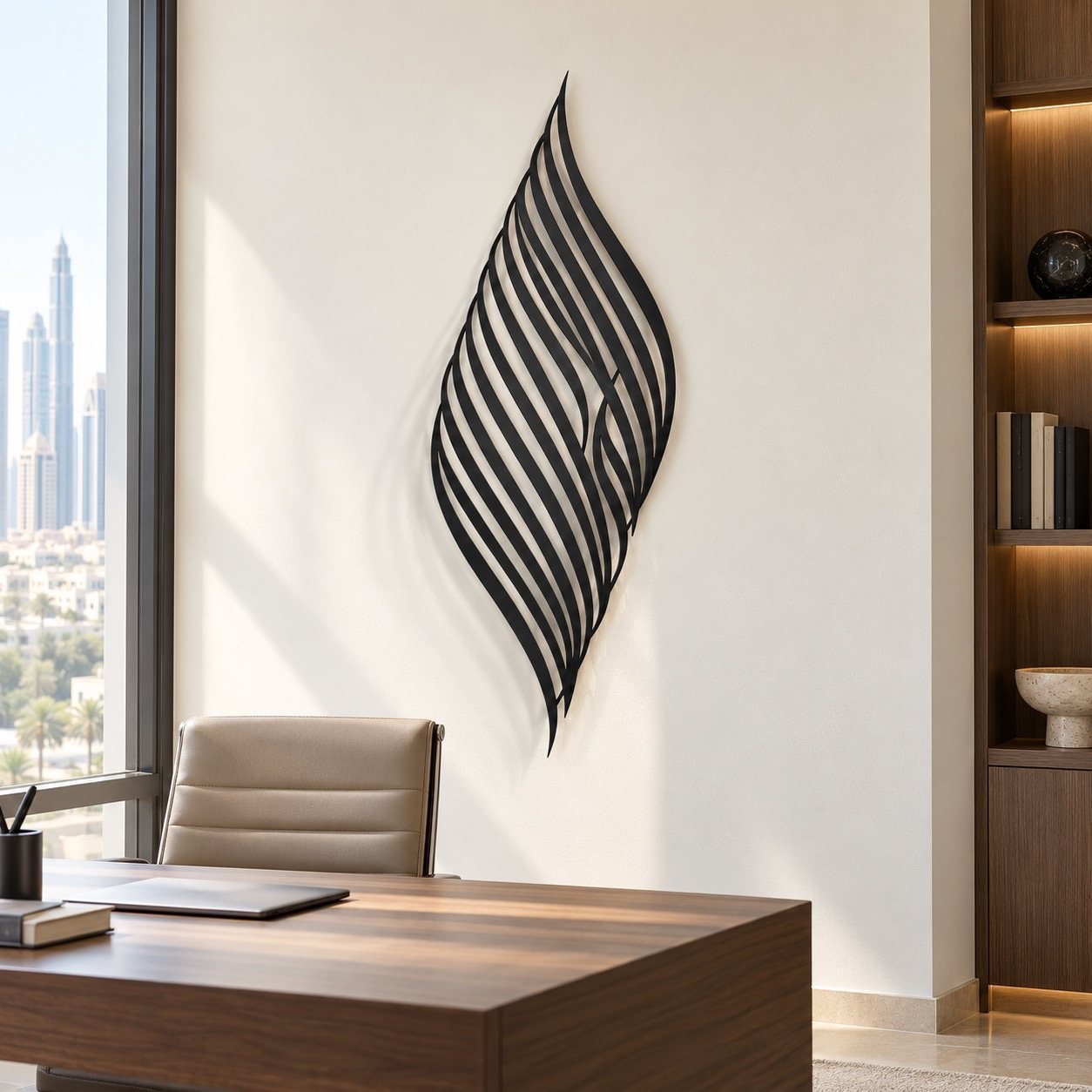 Black La Elah Ela Allah metal wall art in place in a modern UAE home office