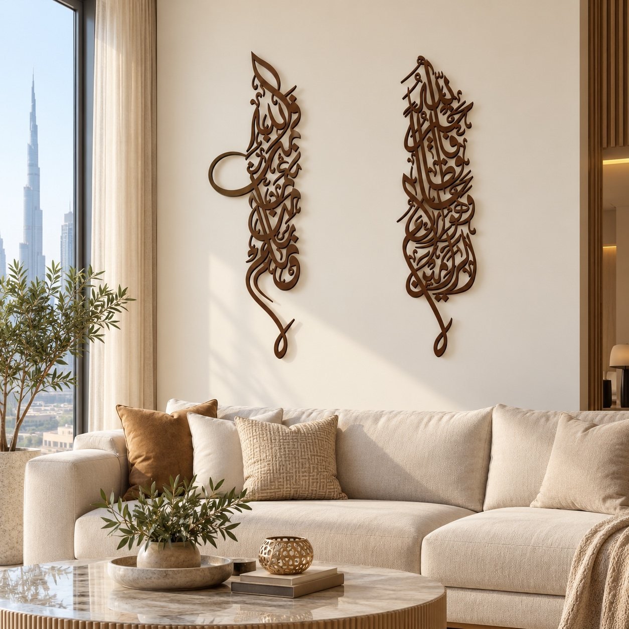 Two-piece dark brown Arabic calligraphy metal wall art displayed above a sofa in a bright modern Dubai apartment living room.