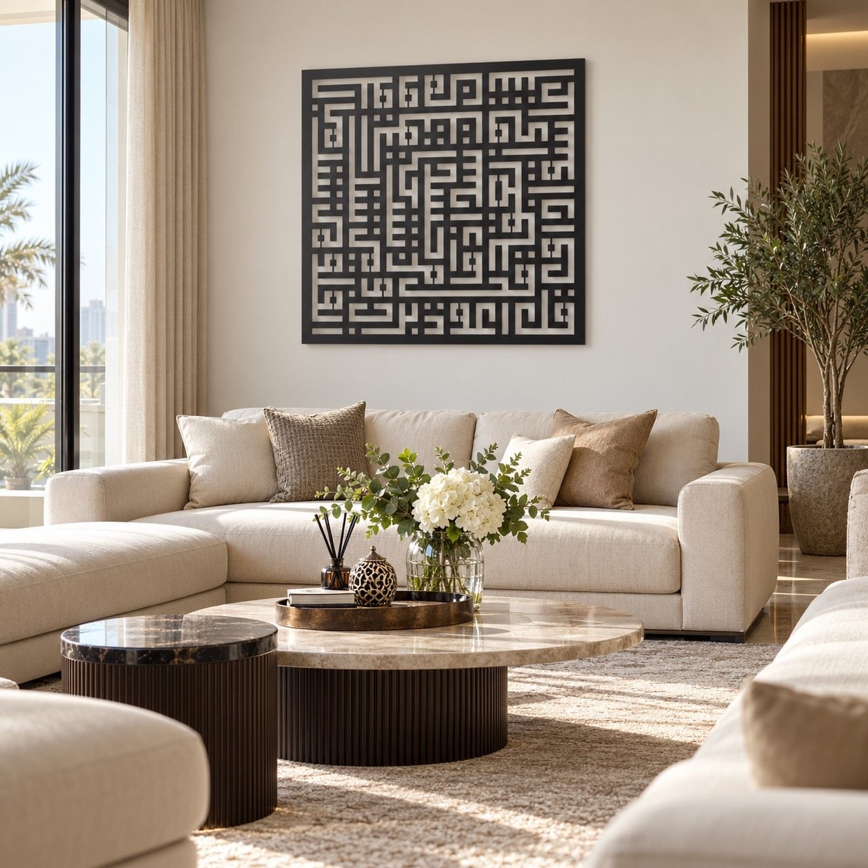 Dark charcoal square Surah Al-Falaq metal wall art in place in a modern UAE family lounge with cream sofas.