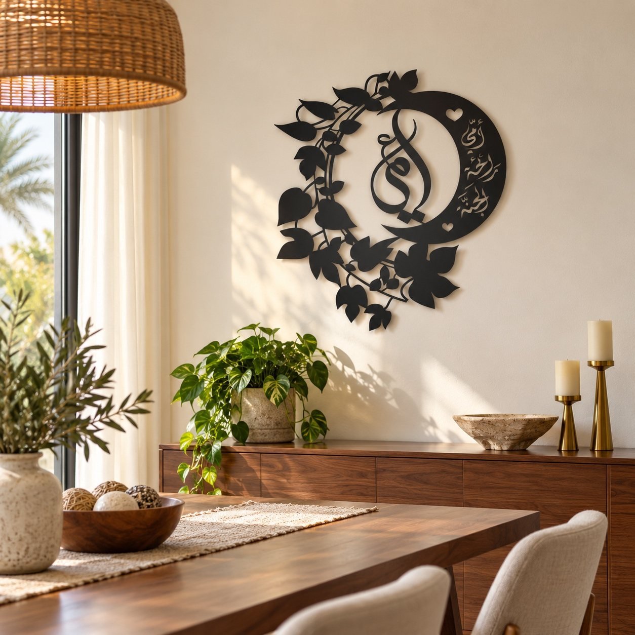 Black Arabic calligraphy Mothers Day wall art displayed on a warm-white wall in a modern UAE dining room.